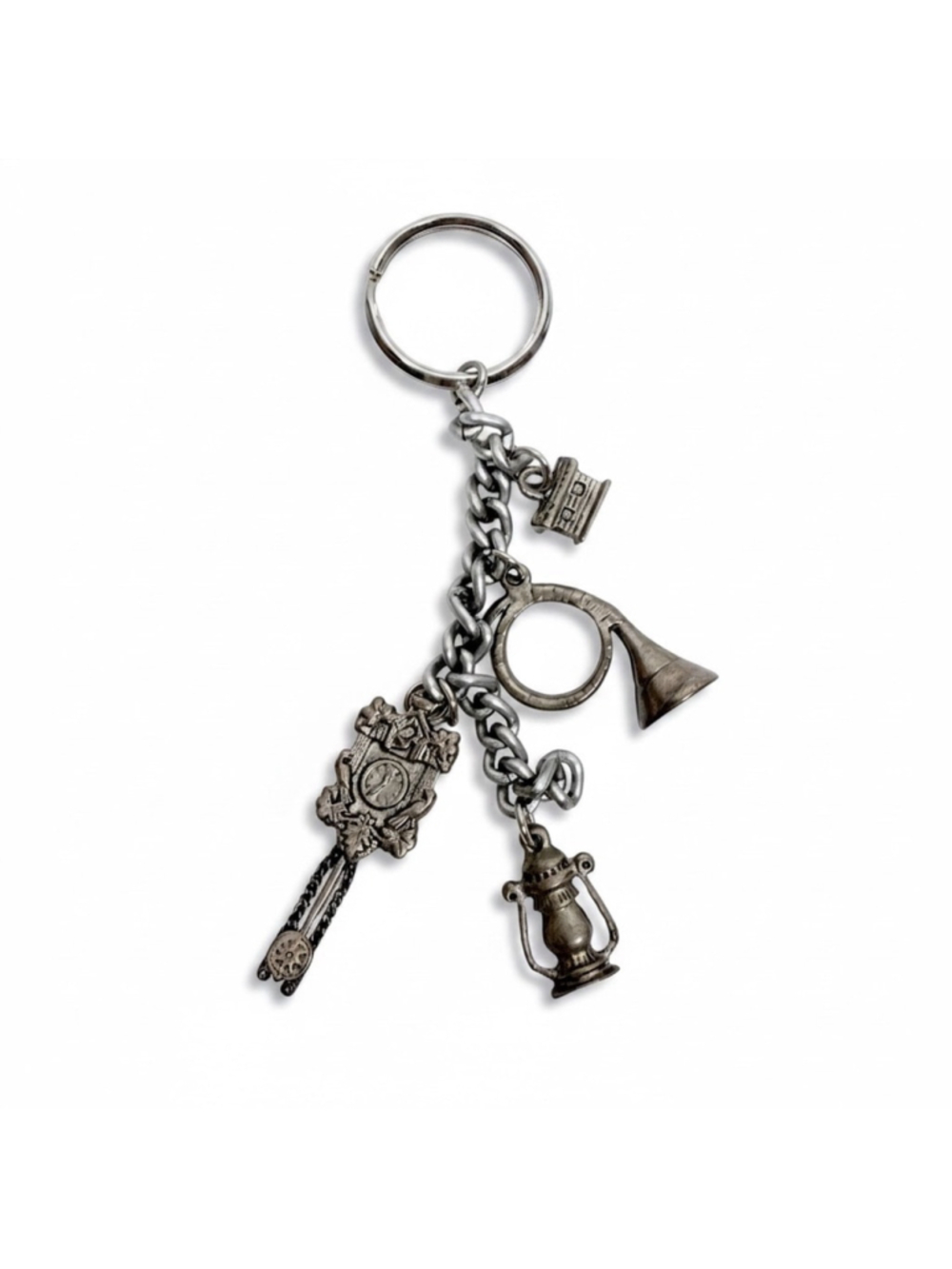 VTG Silversmith Style Alpine German Souvenir Charm Key Ring Lantern Cuckoo Clock